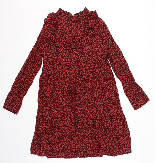 Zara Womens Red Animal Print Viscose A-Line Size S Mock Neck Zip - Leopard Pattern