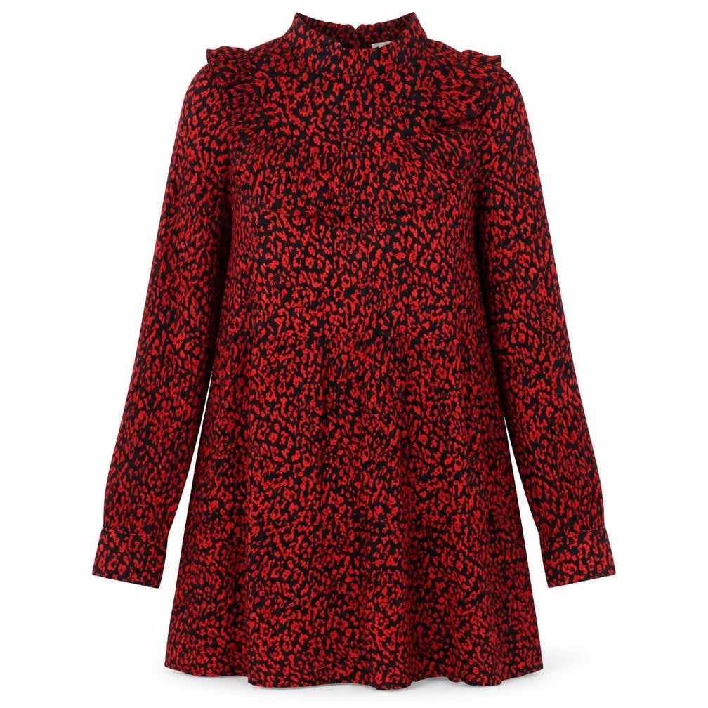 Zara Womens Red Animal Print Viscose A-Line Size S Mock Neck Zip - Leopard Pattern