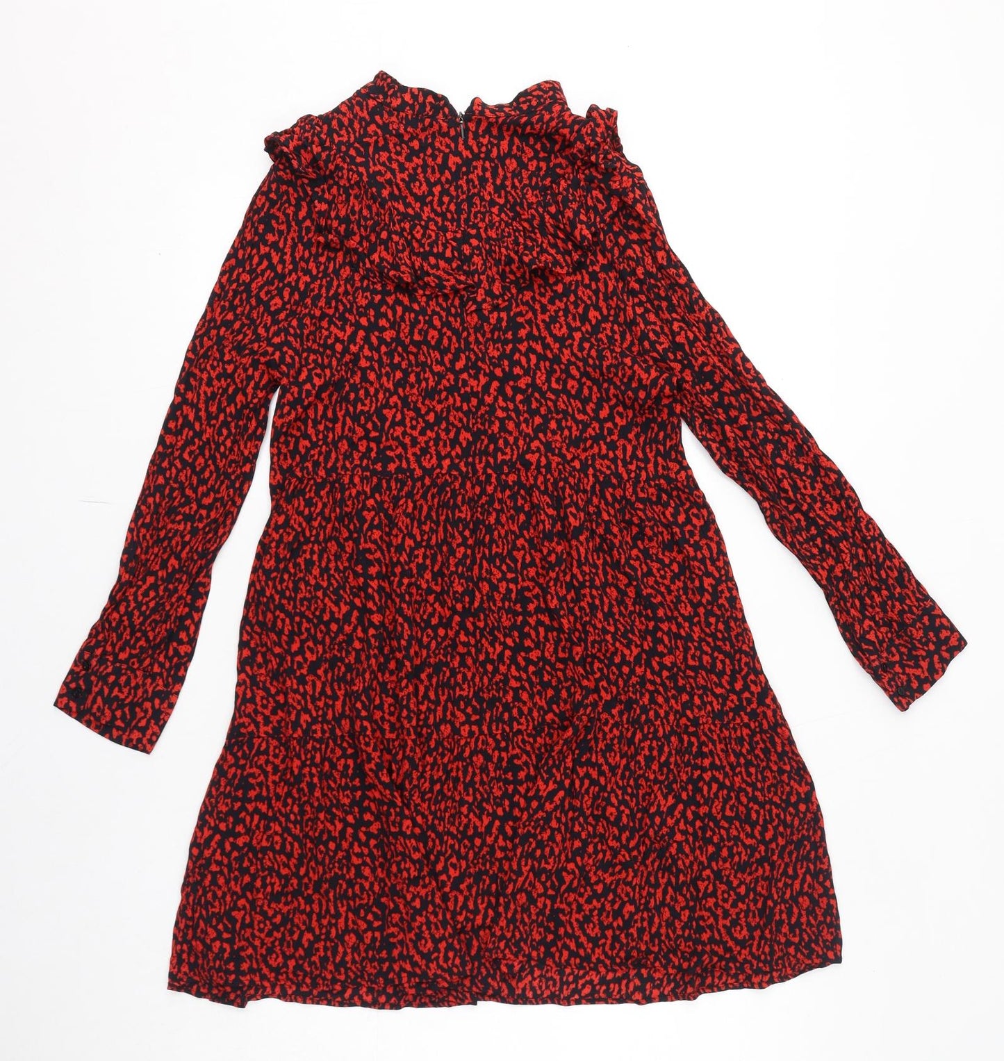 Zara Womens Red Animal Print Viscose A-Line Size S Mock Neck Zip - Leopard Pattern