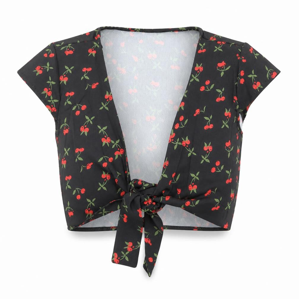 Zaful Womens Black Geometric Polyester Basic Blouse Size 8 V-Neck - Cherry Print