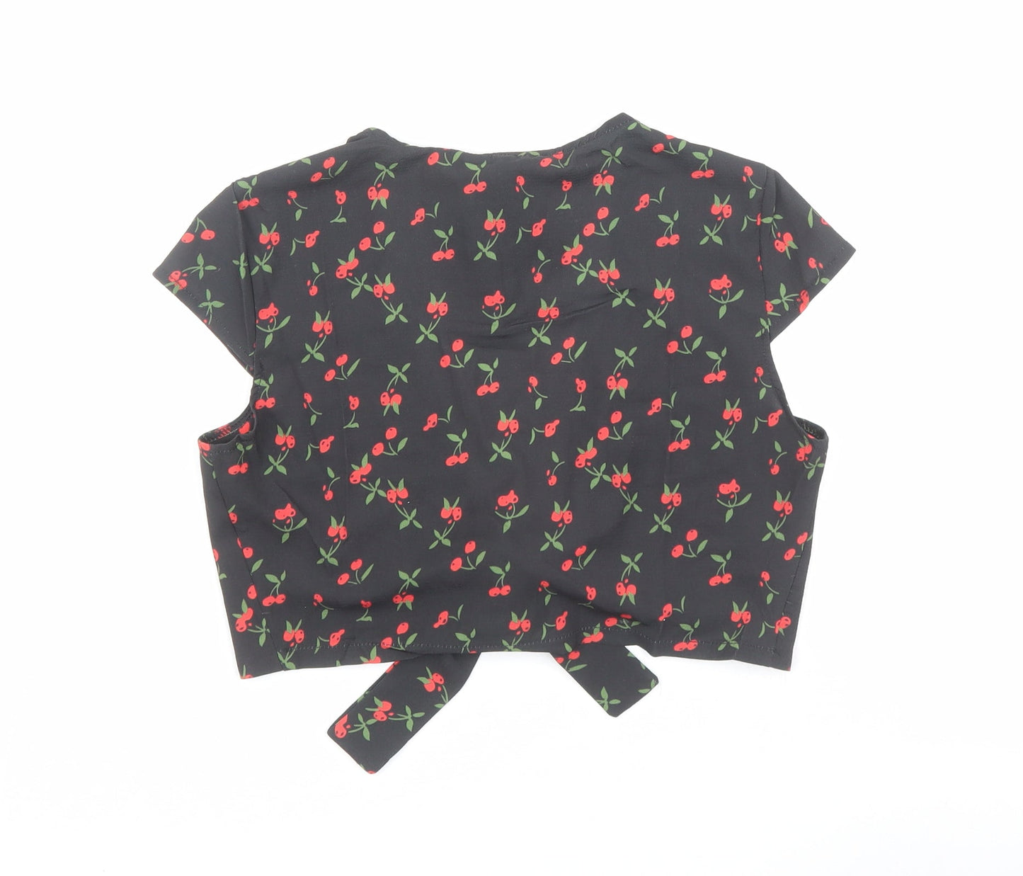 Zaful Womens Black Geometric Polyester Basic Blouse Size 8 V-Neck - Cherry Print