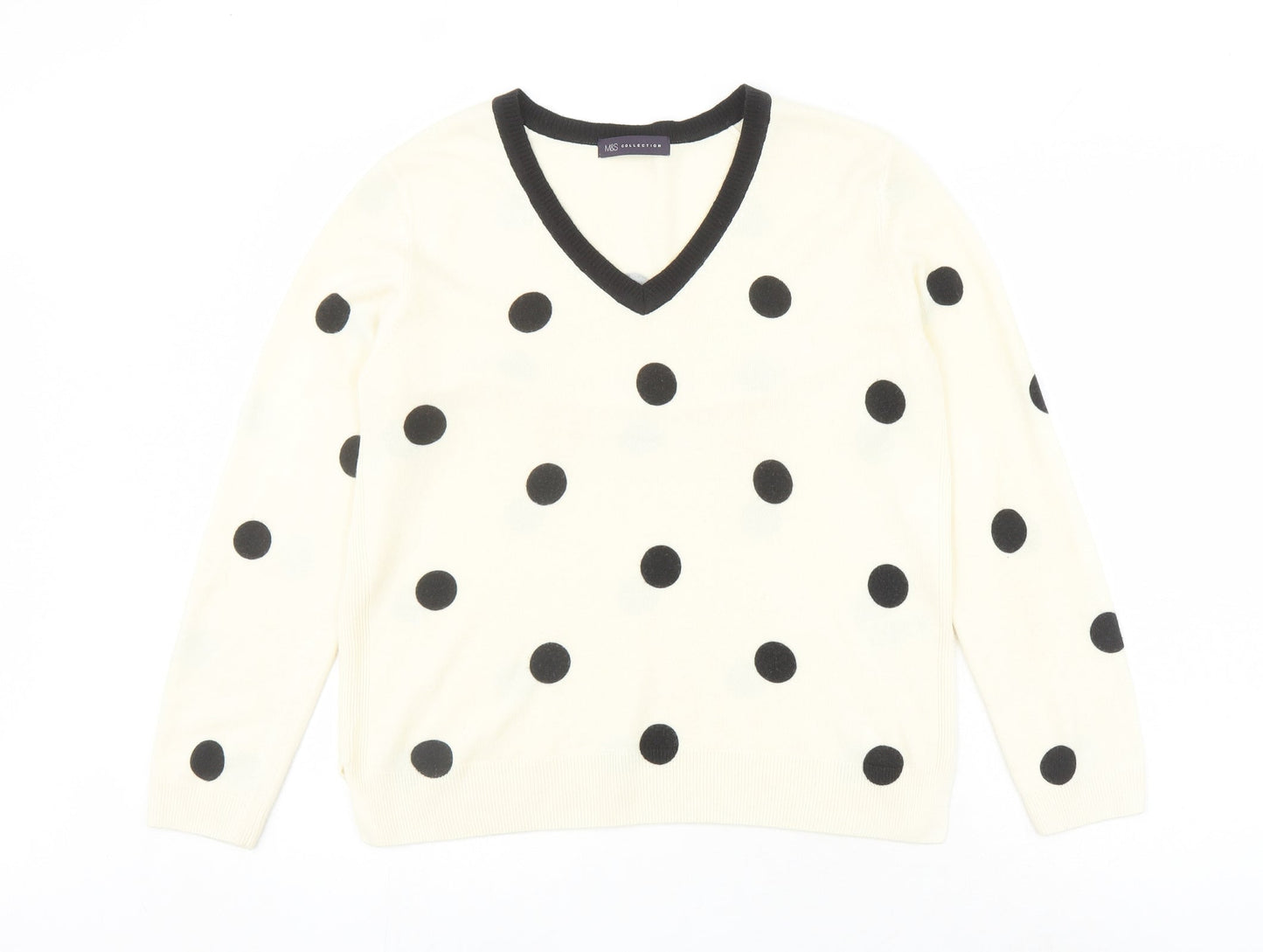Marks and Spencer Womens Ivory V-Neck Polka Dot Acrylic Pullover Jumper Size 14