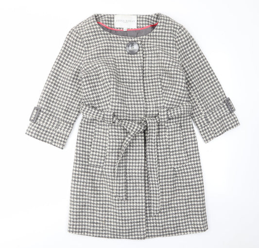 Edina Ronay Womens Grey Geometric Overcoat Coat Size 12 Button - Belt, Pockets, Houndstooth Pattern
