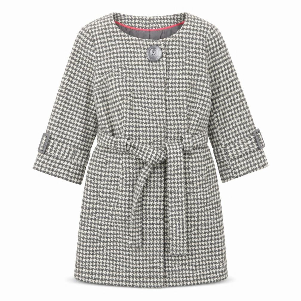Edina Ronay Womens Grey Geometric Overcoat Coat Size 12 Button - Belt, Pockets, Houndstooth Pattern