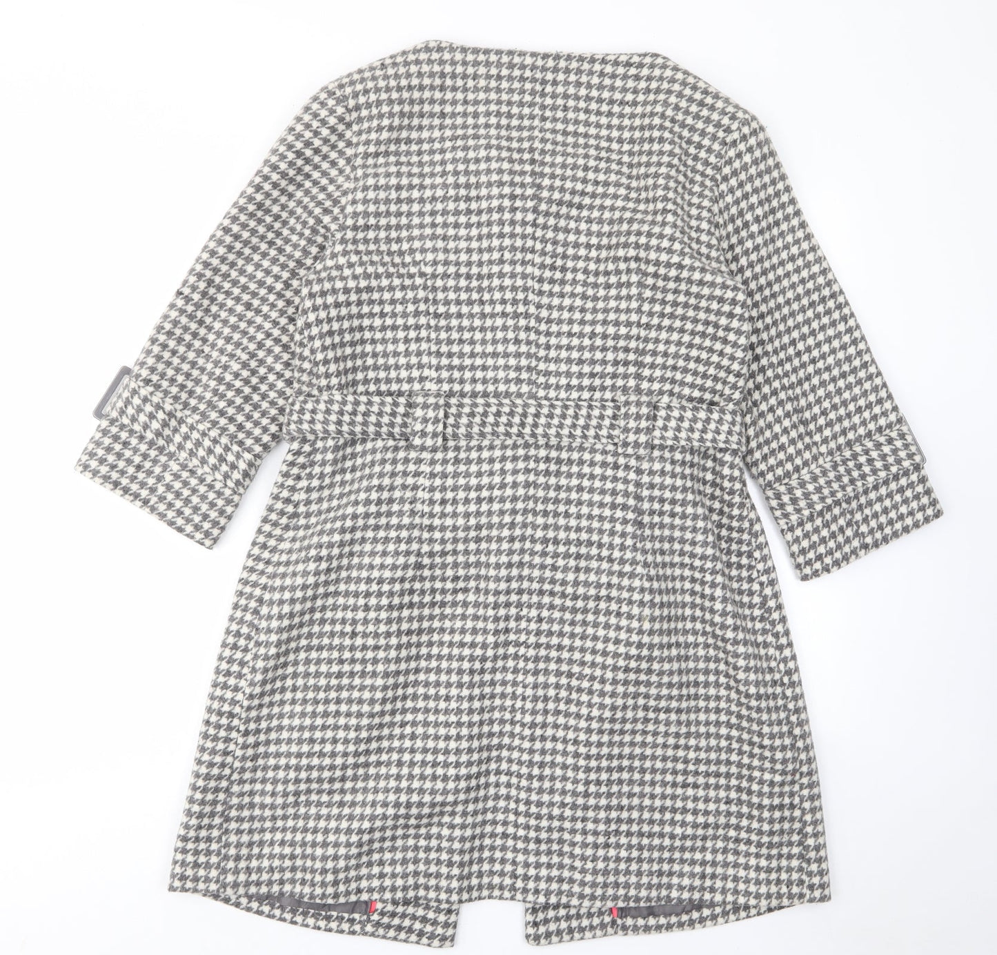 Edina Ronay Womens Grey Geometric Overcoat Coat Size 12 Button - Belt, Pockets, Houndstooth Pattern
