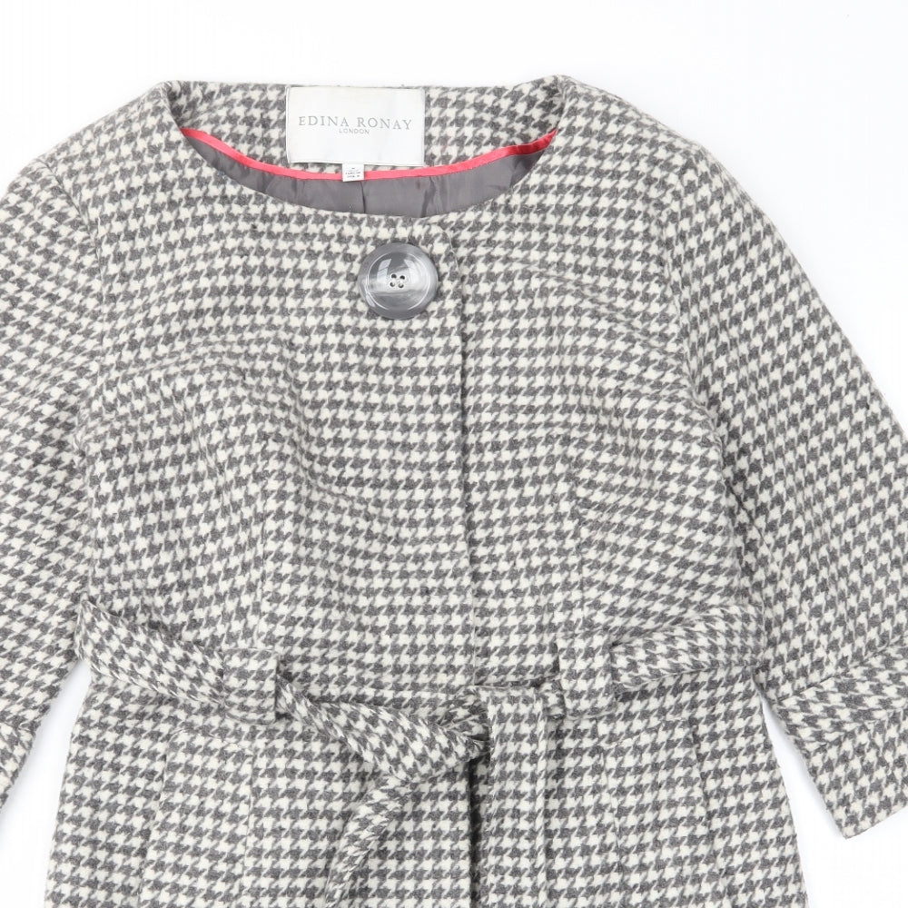 Edina Ronay Womens Grey Geometric Overcoat Coat Size 12 Button - Belt, Pockets, Houndstooth Pattern