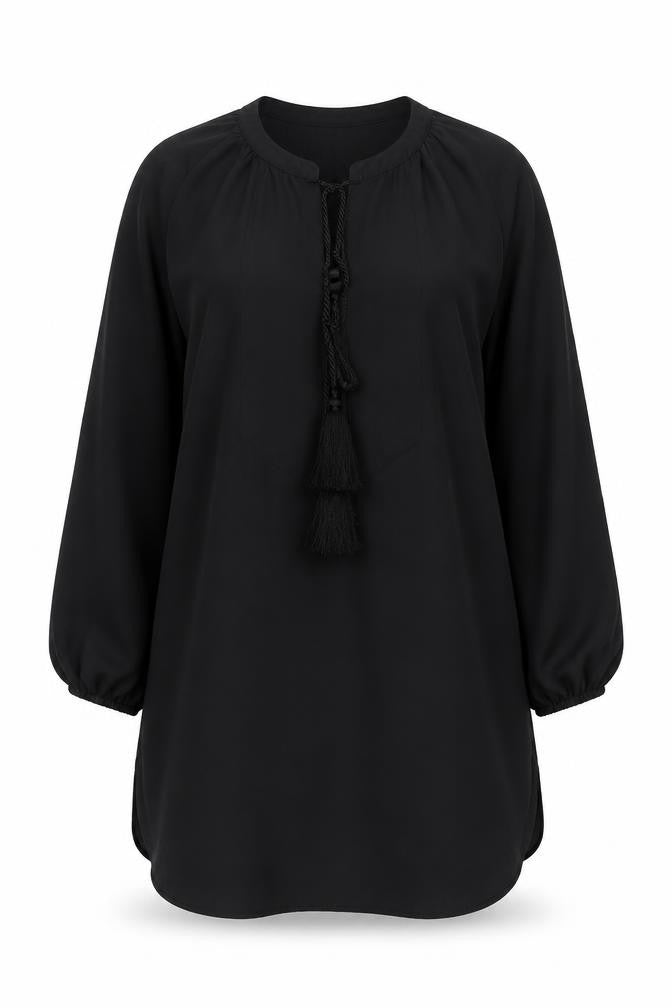 H&M Womens Black Polyester A-Line Size 8 V-Neck Pullover - Tassled, Keyhole neck