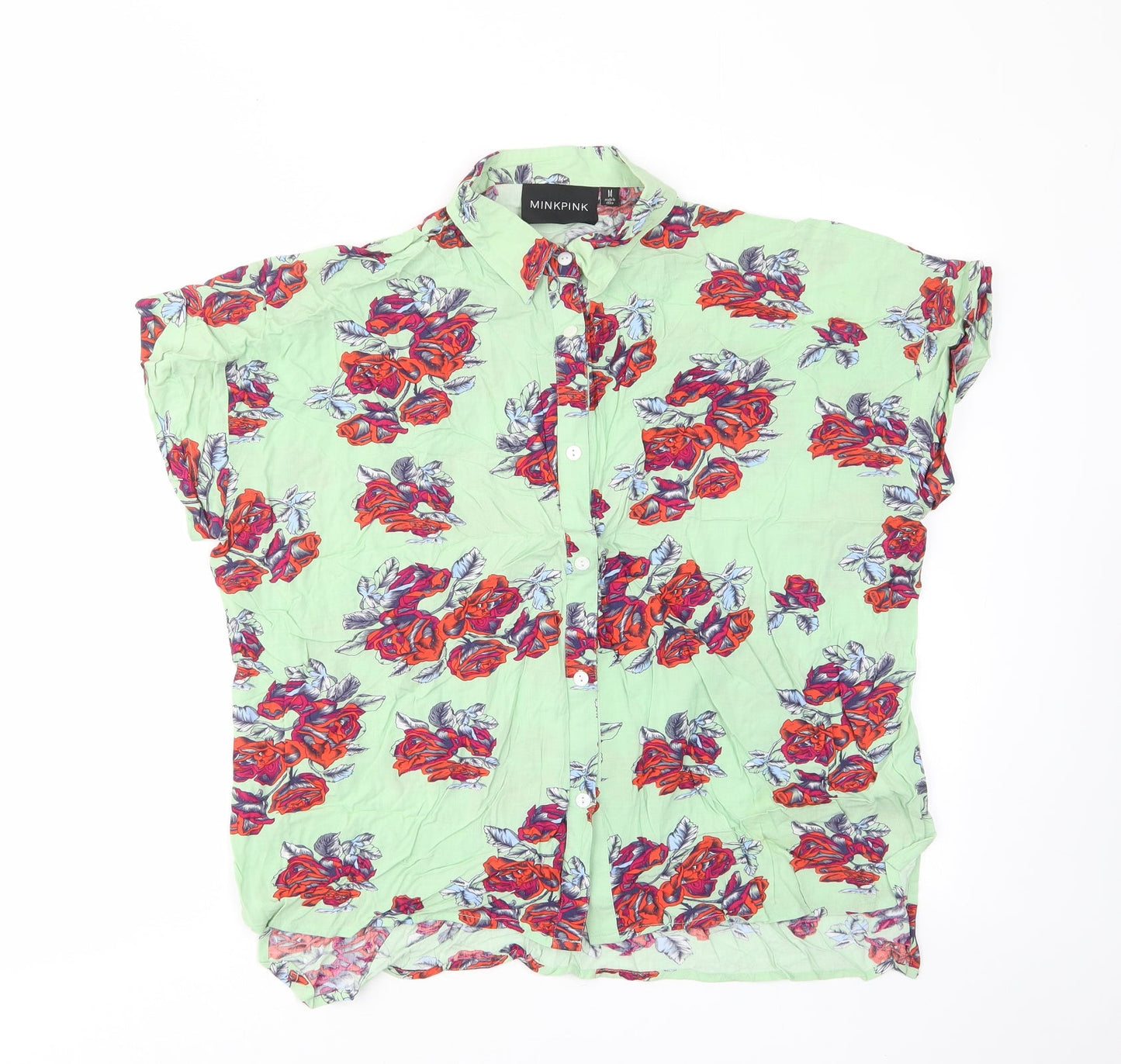 MINKPINK Womens Green Floral Viscose Basic Button-Up Size M Collared