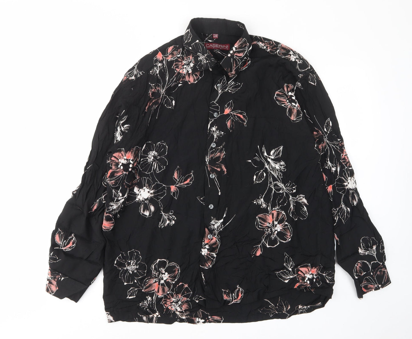 Caserini Womens Black Floral Viscose Basic Button-Up Size XL Collared - Pocket