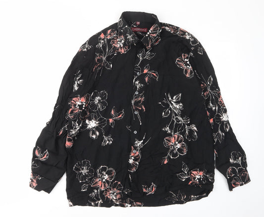 Caserini Womens Black Floral Viscose Basic Button-Up Size XL Collared - Pocket