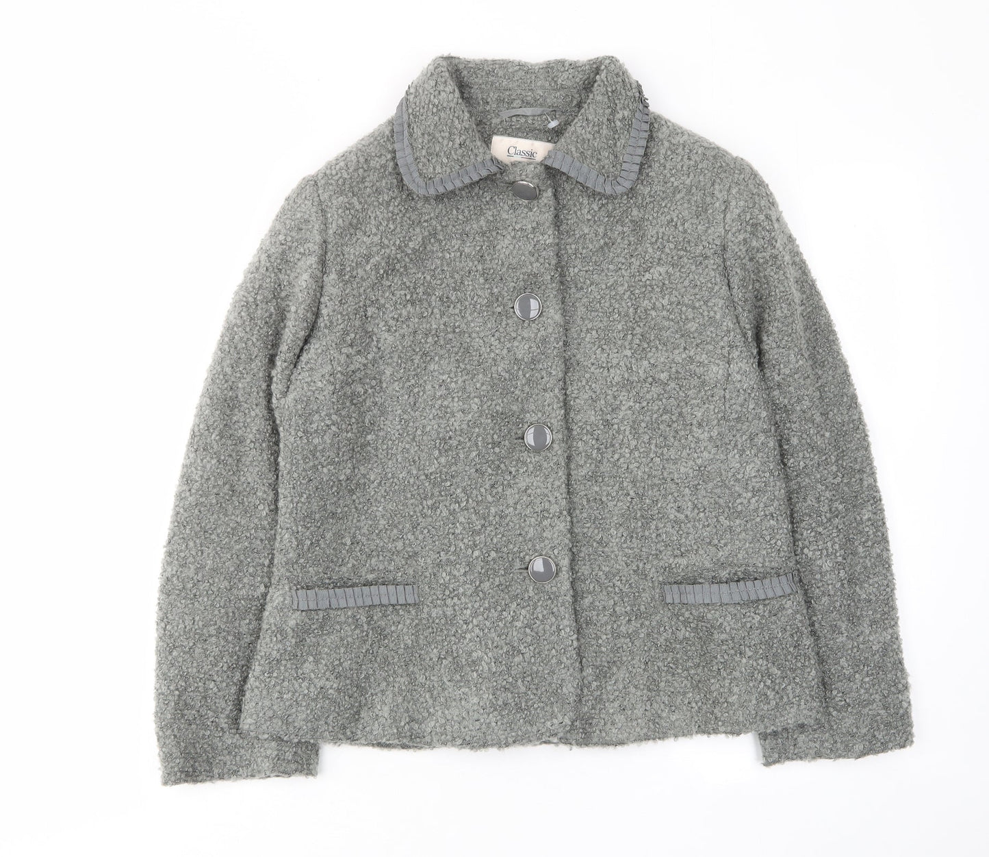 Classic Womens Grey Jacket Size 14 Button - Collared, Pockets