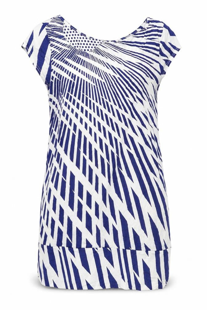 Warehouse Womens Blue Geometric Viscose Basic T-Shirt Size 14 Boat Neck