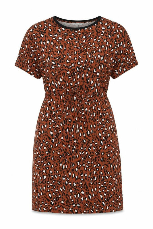 Warehouse Womens Brown Animal Print Viscose T-Shirt Dress Size 8 Round Neck Pullover - Leopard Print, Tie