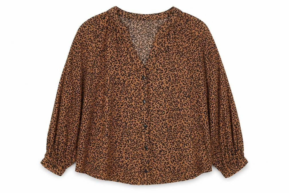 New Look Womens Brown Animal Print Viscose Basic Button-Up Size 12 V-Neck - Leopard Print