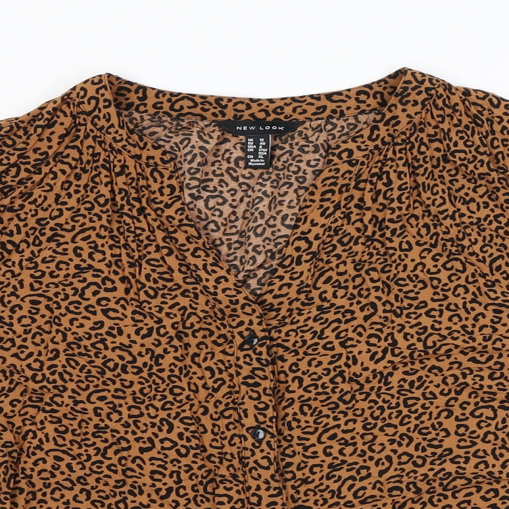 New Look Womens Brown Animal Print Viscose Basic Button-Up Size 12 V-Neck - Leopard Print