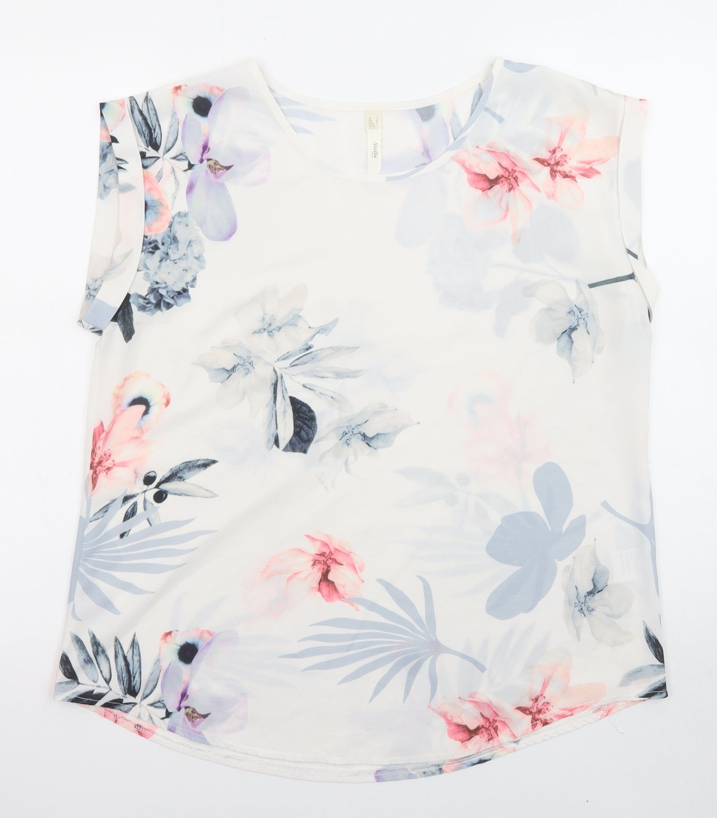 Stella Womens White Floral Polyester Basic Blouse Size 12 Crew Neck