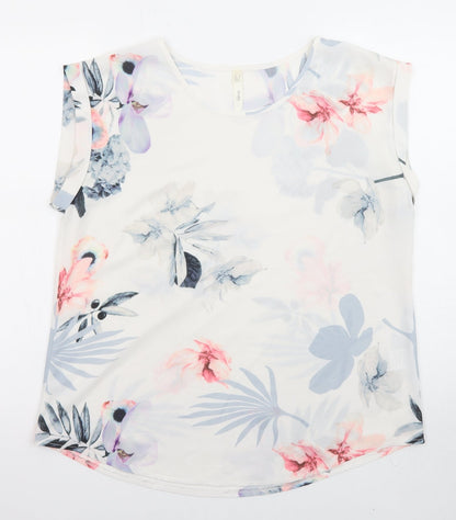 Stella Womens White Floral Polyester Basic Blouse Size 12 Crew Neck