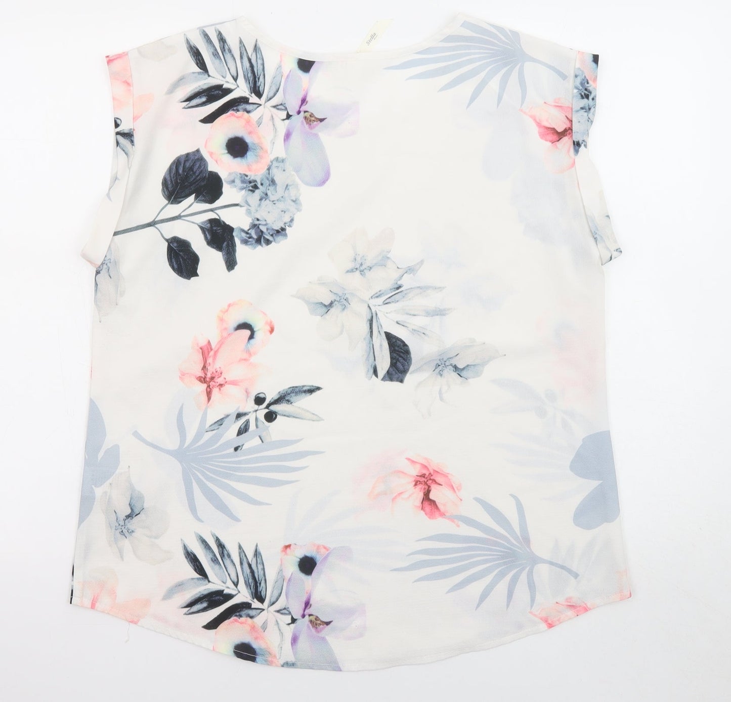 Stella Womens White Floral Polyester Basic Blouse Size 12 Crew Neck