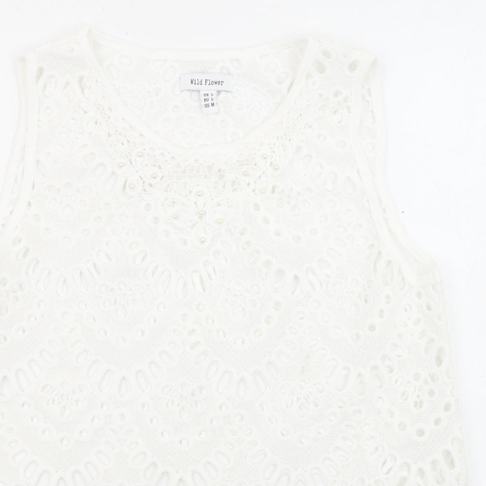 Wild Flower Womens White Polyester Basic Blouse Size L Crew Neck - Gemstones