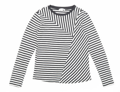 Warehouse Womens Black Striped Polyester Basic T-Shirt Size 8 Round Neck