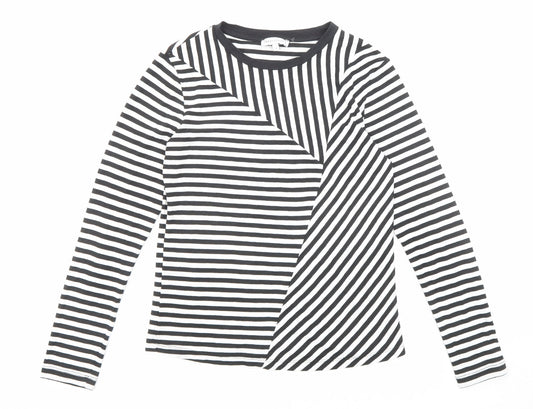 Warehouse Womens Black Striped Polyester Basic T-Shirt Size 8 Round Neck