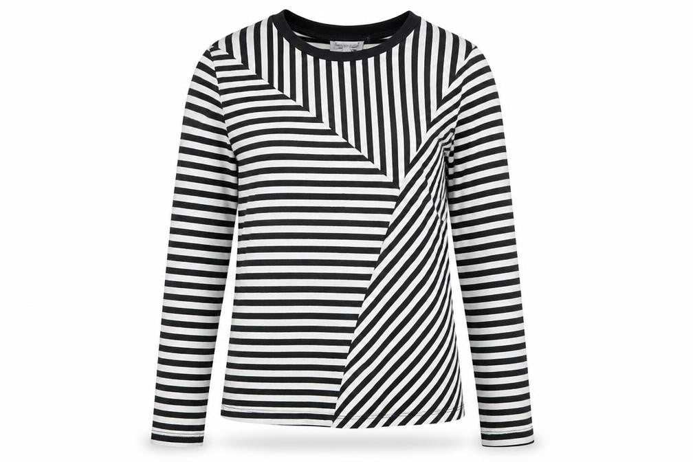 Warehouse Womens Black Striped Polyester Basic T-Shirt Size 8 Round Neck