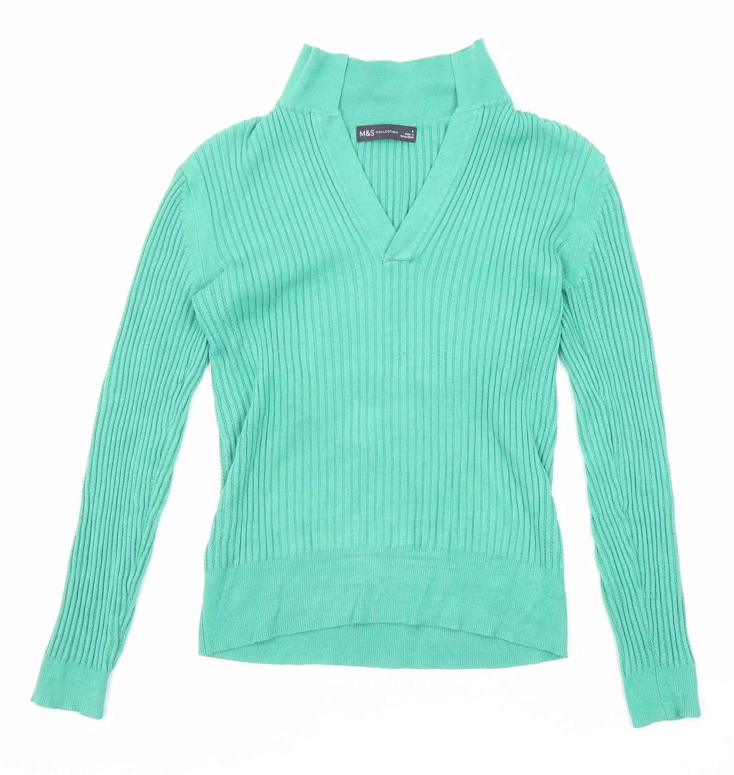Marks and Spencer Womens Green V-Neck Viscose Pullover Jumper Size 8 - Collared