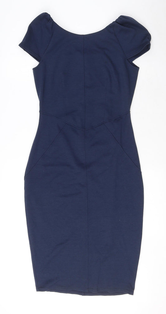 Closet Womens Blue Polyester Pencil Dress Size 10 Boat Neck Zip - Puff Shoulder