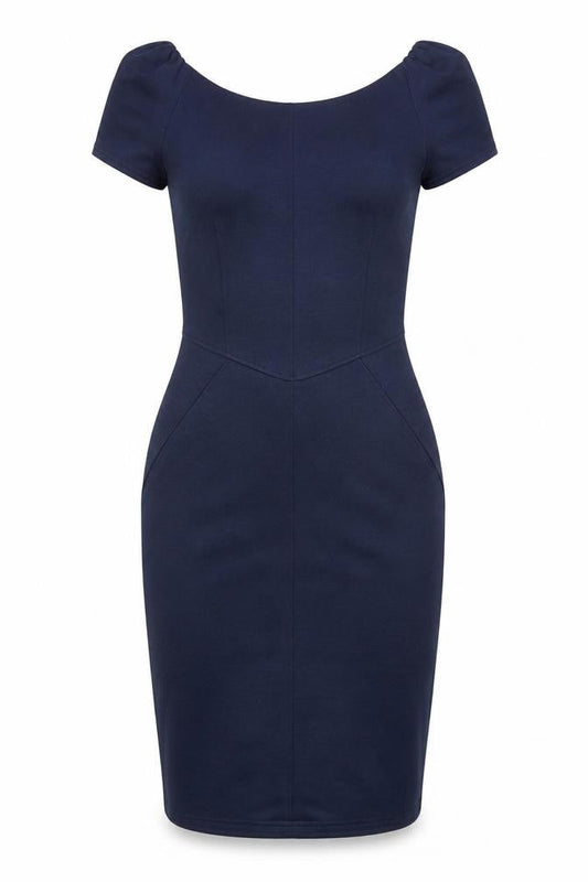 Closet Womens Blue Polyester Pencil Dress Size 10 Boat Neck Zip - Puff Shoulder