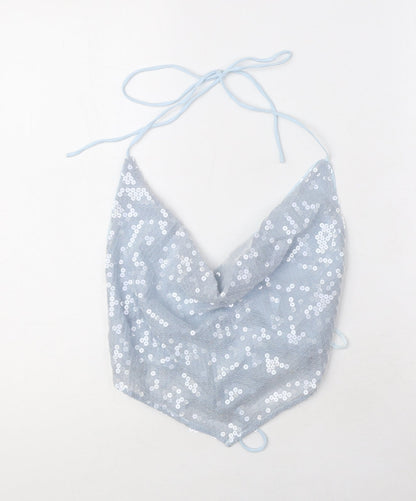 Additional front view of ASOS women’s blue polyester cropped blouse, size UK 10, cowl neck - backless, sequin