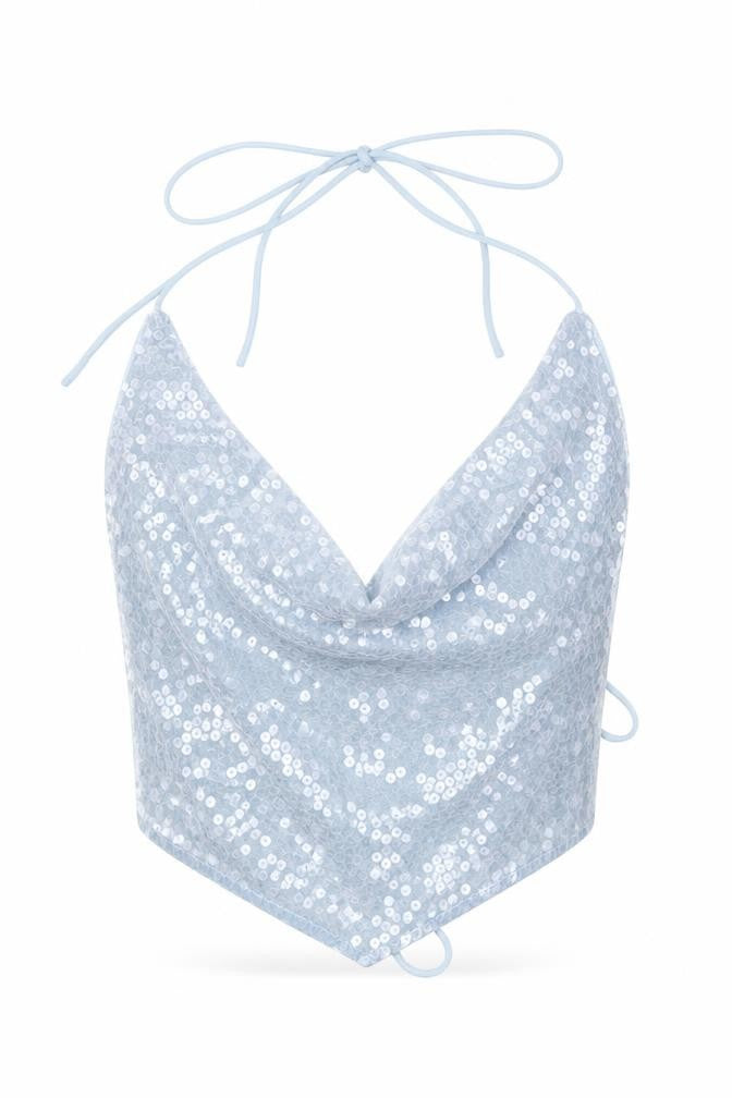 ASOS Womens Blue Polyester Cropped Blouse Size 10 Cowl Neck - Backless, Sequin