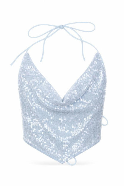 Front view of ASOS women’s blue polyester cropped blouse, size UK 10, cowl neck - backless, sequin