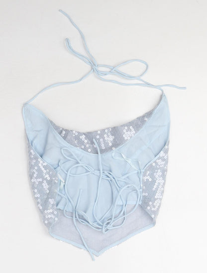 Back view of ASOS women’s blue polyester cropped blouse, size UK 10, cowl neck - backless, sequin