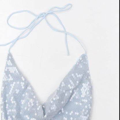 Close-up detail of ASOS women’s blue polyester cropped blouse, size UK 10, cowl neck - backless, sequin