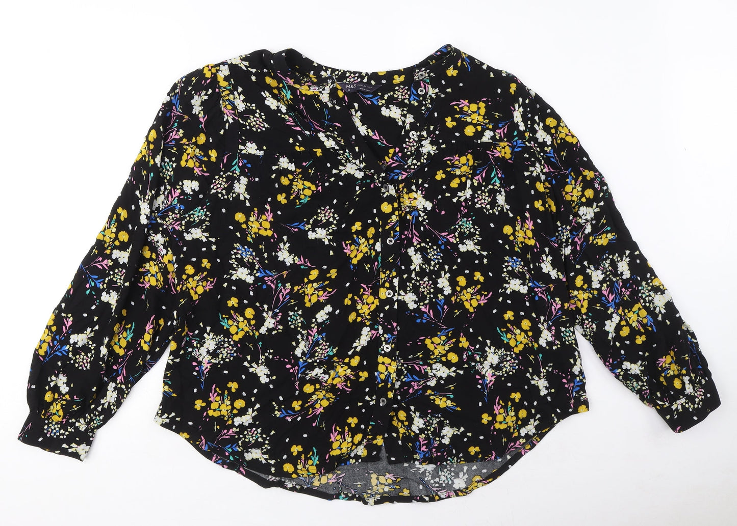 Marks and Spencer Womens Black Floral Viscose Basic Button-Up Size 12 Round Neck