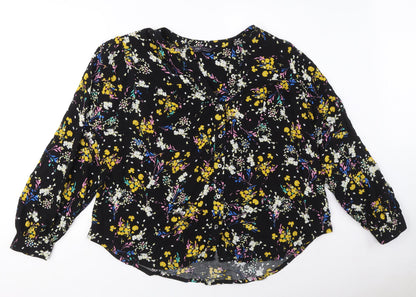 Marks & Spencer Womens Black Floral Viscose Basic Button-Up Size 12 Round Neck