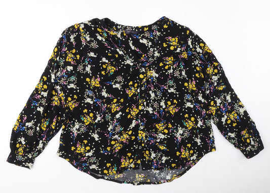 Marks and Spencer Womens Black Floral Viscose Basic Button-Up Size 12 Round Neck