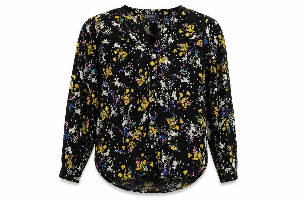 Marks & Spencer Womens Black Floral Viscose Basic Button-Up Size 12 Round Neck