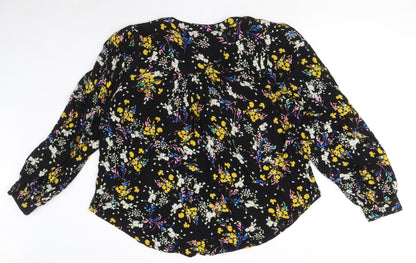 Marks & Spencer Womens Black Floral Viscose Basic Button-Up Size 12 Round Neck