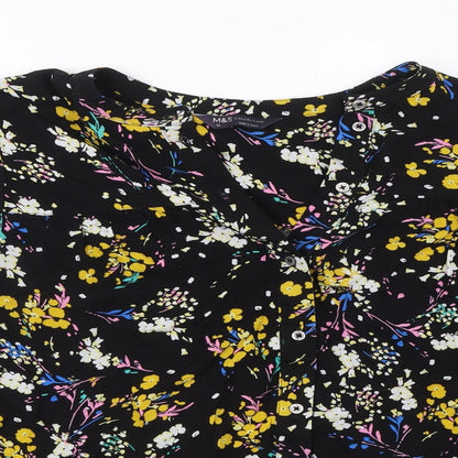 Marks & Spencer Womens Black Floral Viscose Basic Button-Up Size 12 Round Neck
