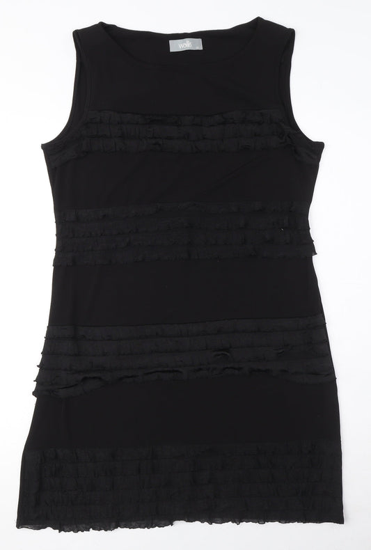 Wallis Womens Black Polyester A-Line Size 14 Boat Neck Pullover - Ruffle Detail