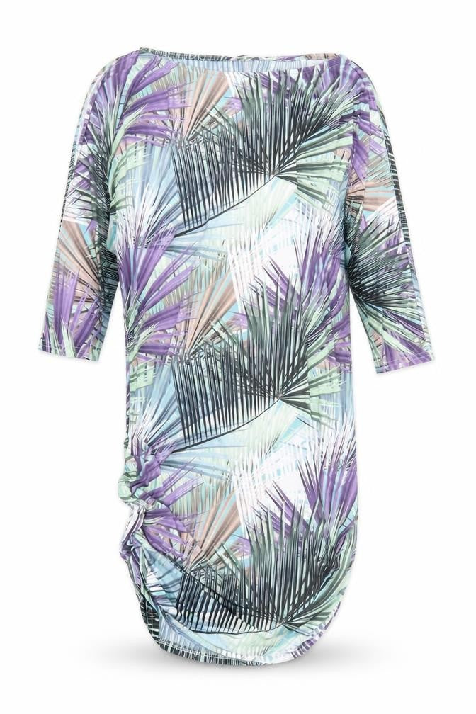 Shakti Shanti Womens Multicoloured Geometric Polyester T-Shirt Dress Size 6 Boat Neck Pullover - Ruched Sides Cold Shoulder