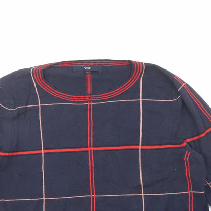 Next Womens Blue Round Neck Plaid Cotton Pullover Jumper Size 14