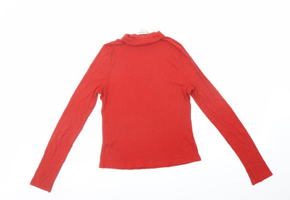 Back view of Miss Selfridge women’s red viscose basic t-shirt, size UK 12, roll neck - ribbed