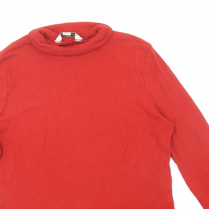 Close-up detail of Miss Selfridge women’s red viscose basic t-shirt, size UK 12, roll neck - ribbed