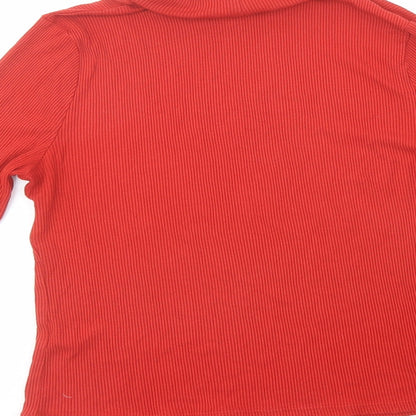 Brand and care label for Miss Selfridge women’s red viscose basic t-shirt, size UK 12, roll neck - ribbed