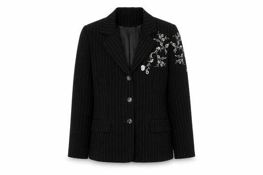 Bella Rigura Womens Black Striped Polyester Jacket Blazer Size 10 - Floral Embroidery