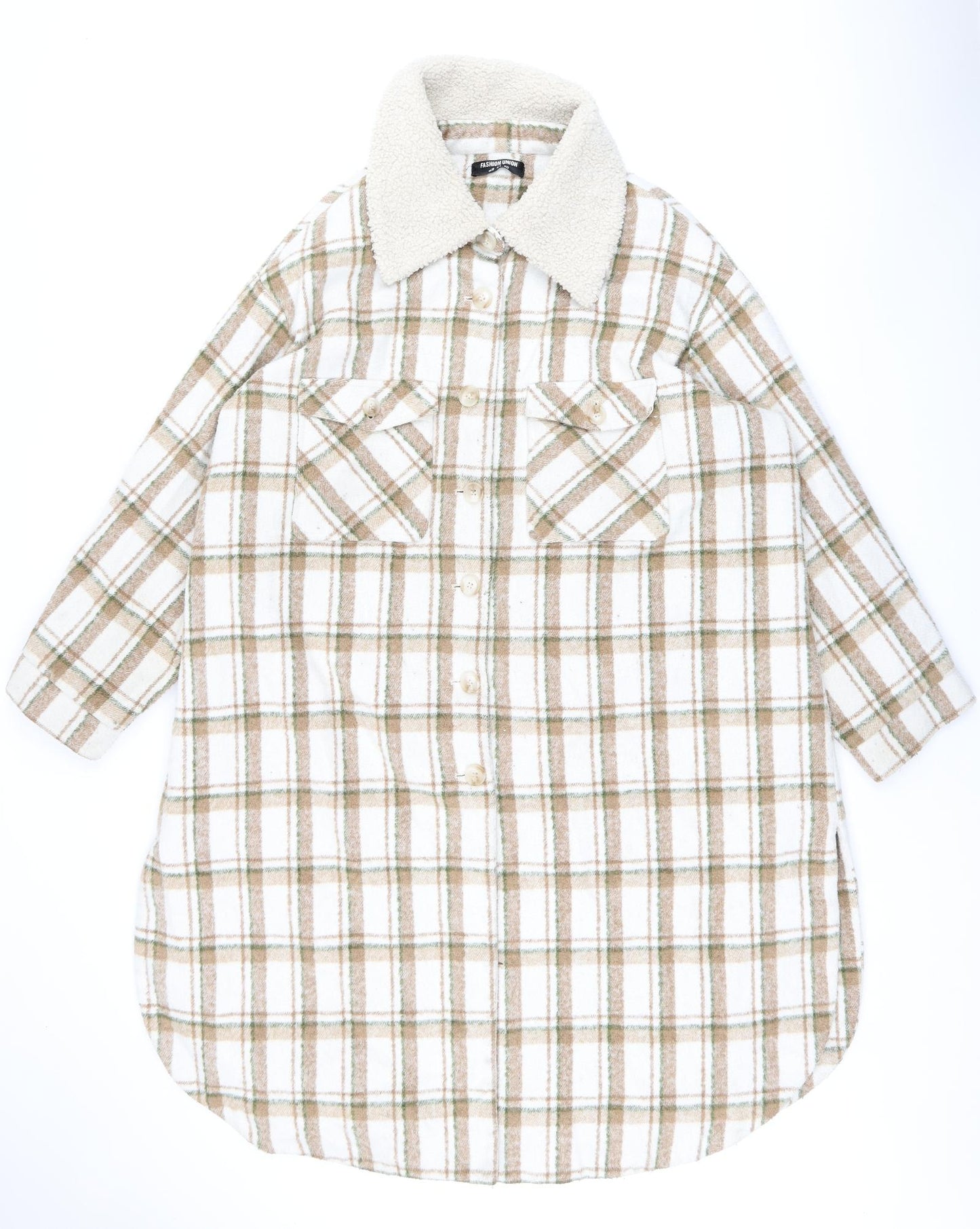 Fashion Union Womens Beige Plaid Overcoat Coat Size 22 Button