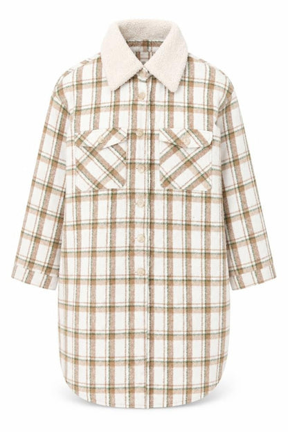 Front view of Fashion Union women’s beige plaid overcoat coat, size UK 22, button