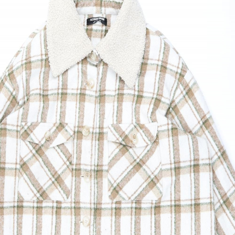 Fashion Union Womens Beige Plaid Overcoat Coat Size 22 Button